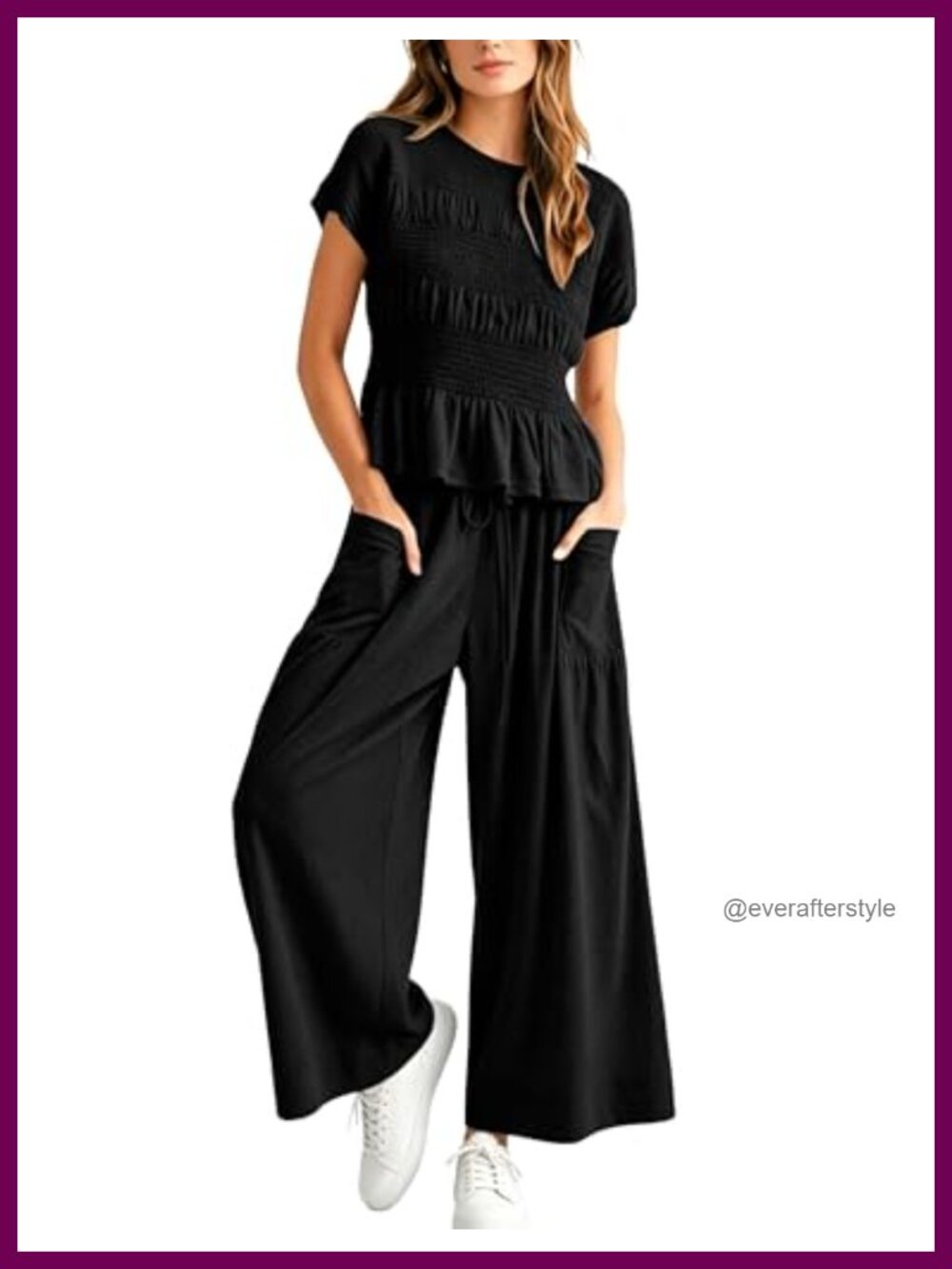 Women 2 Piece Lounge Set Smocked Top Wide Leg Pants Cotton Blend